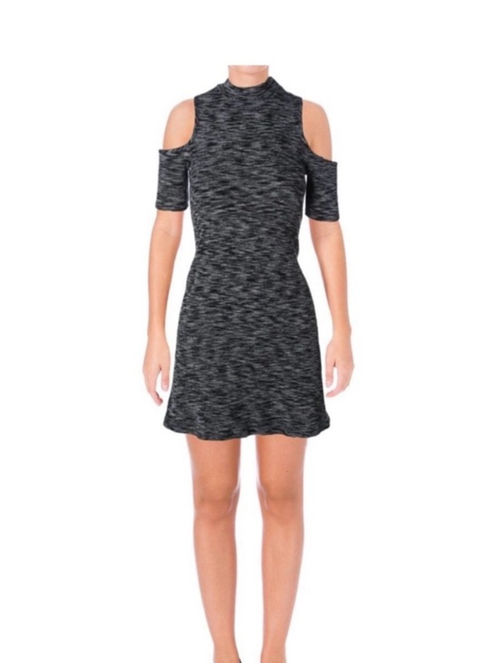 Aqua Black Gray Cold Shoulder Mock Neck Ribbed A-Line Mini Dress Small